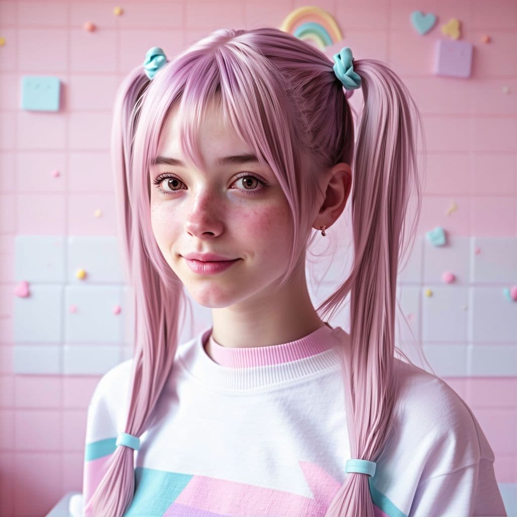 AI generated: A 18 years old girl, nacked with long Pigtails in the style of candycore hair, pale skin and light p...