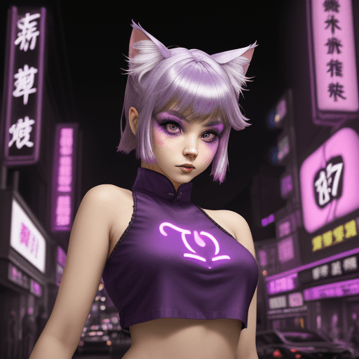 AI generated: an hybrid catgirl in a purple top in a neon city, in the style of chinapunk, iconic album covers, so...
