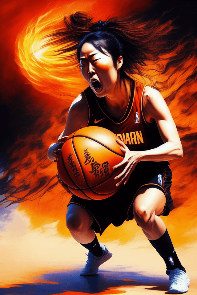 AI generated: a ultradetailed beautiful panting of a japanese woman dribbling a basketball, dynamic pose, fire , d...