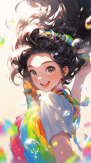 AI generated: A picture of a vibrant, spirited girl holding a paintbrush, Disney artist reference, creative and jo...