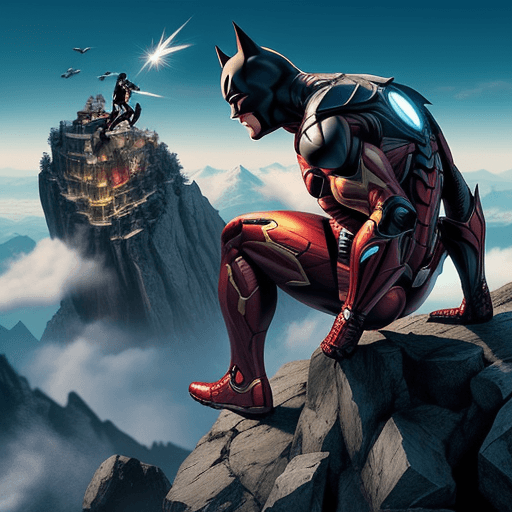 AI generated: batman se bat contre iron man sur une montagne, la vue est suberbe

