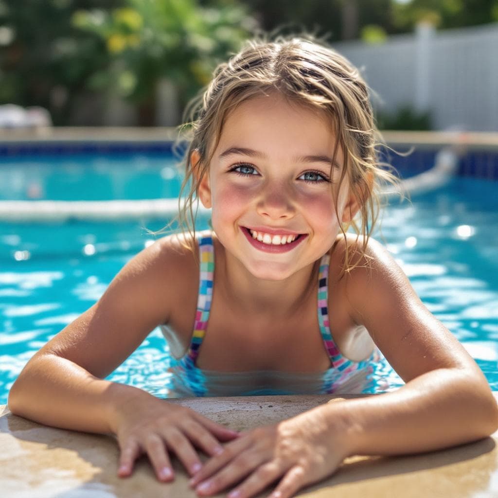 AI generated: 13 year old girl with tiny swimwuit stading outside pool

