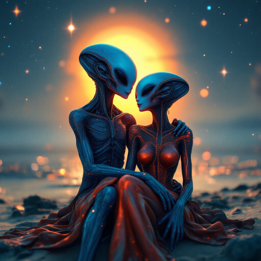 AI generated: Whimsical. A couple of aliens (male and female) in love, they are sitting down on the beach, the mal...