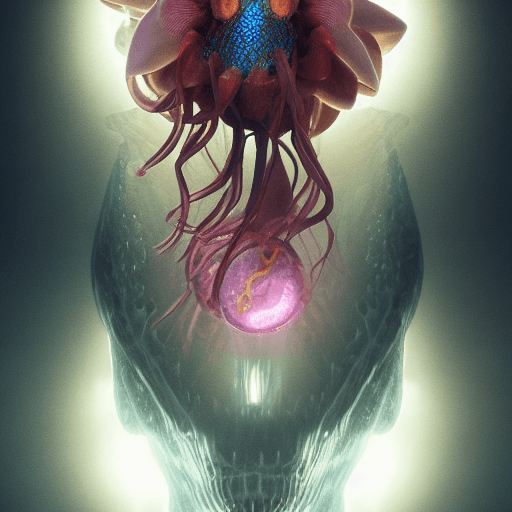 AI generated: Goddess close-up portrait ribcagel. jellyfish phoenix head, nautilus, orchid, skull, betta fish, bio...