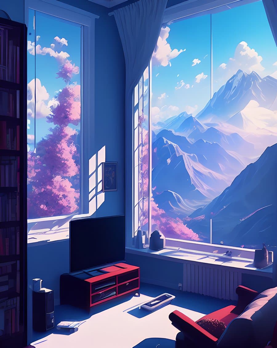 AI generated: hestyle room, beautiful gaming room, windows, cinematic lighting, evening time
