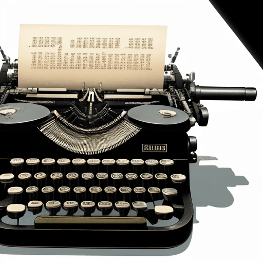 AI generated: typewriter that is also a gun shooting a firing bullet, a writer writing with a typewriter, black ba...