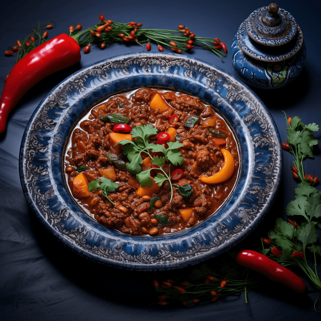 AI generated: chili with vegetables and herbs on a blue plate