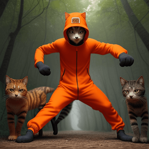 AI generated: Generate an image of a small, determined cat standing on his feet in the middle of a dense forest. T...