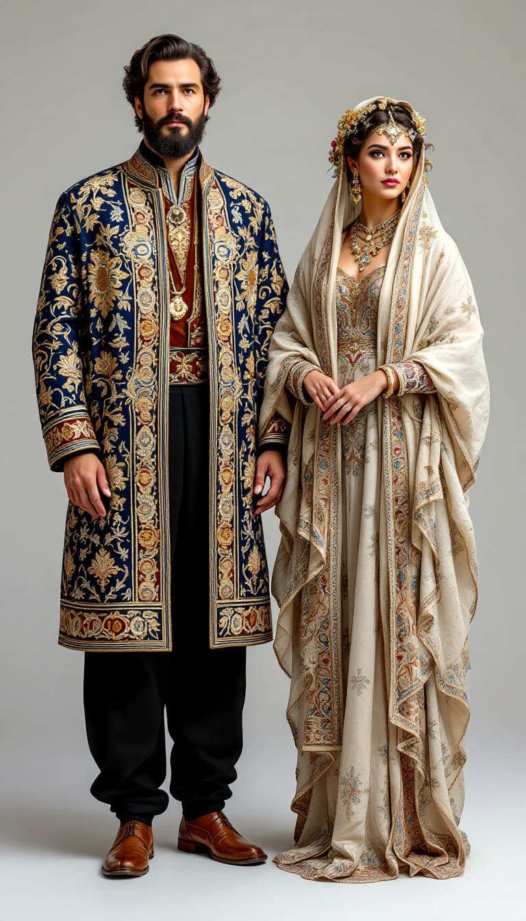 AI generated: "The figures are dressed in ornate Iranian garments crafted from luxurious fabrics with intricate pa...