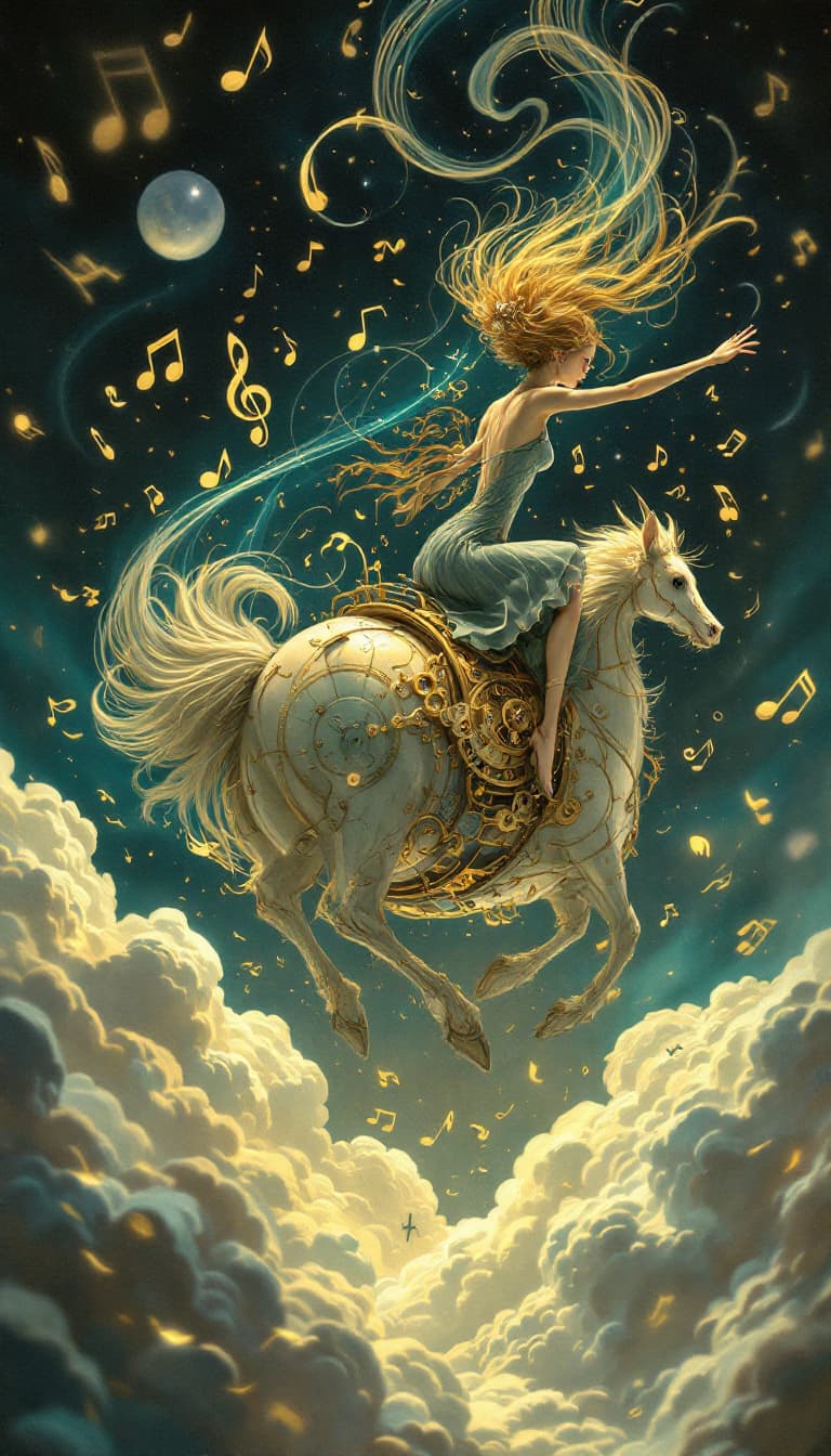 AI generated: 16. A whimsical, full-body scene of a woman riding a giant, sentient music box, her form moving with...