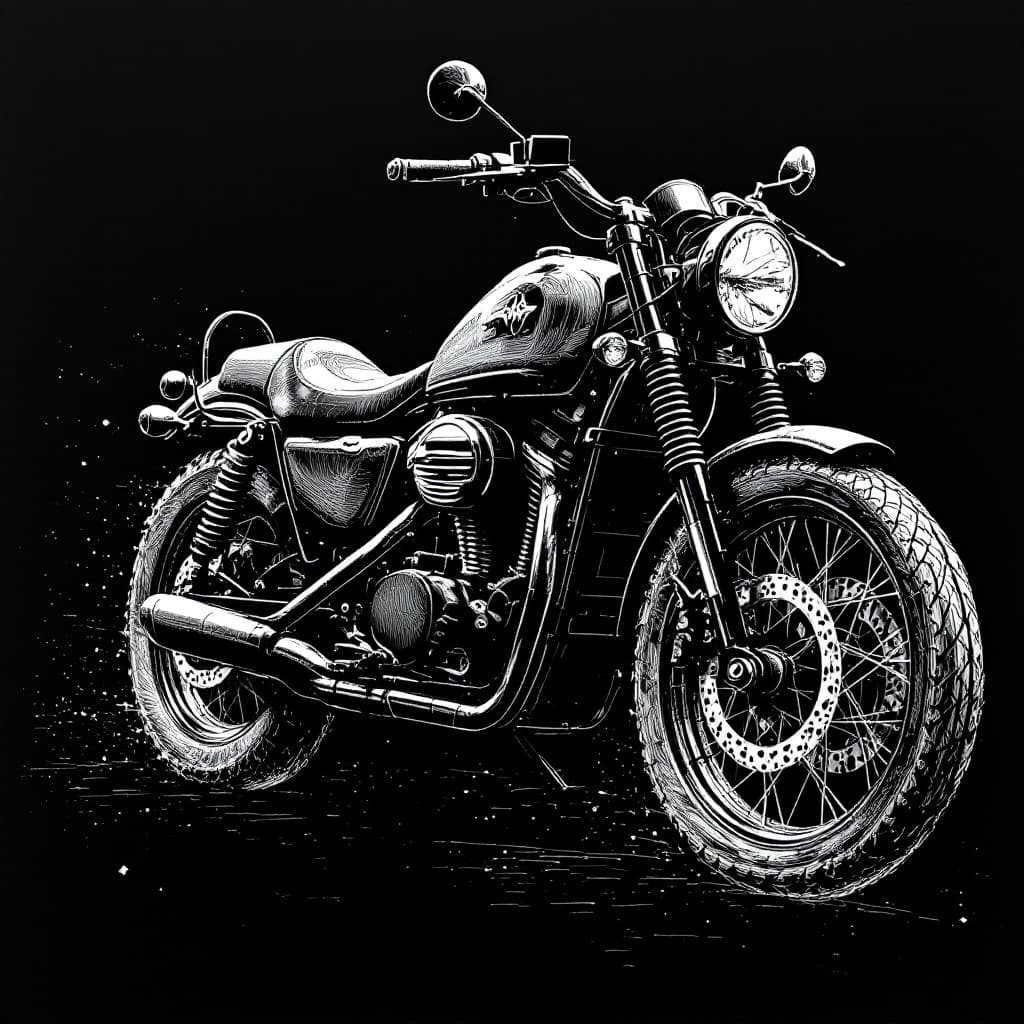AI generated: A high-contrast scratchboard-style artwork of motorcycle, composed of fine white engraved lines carv...