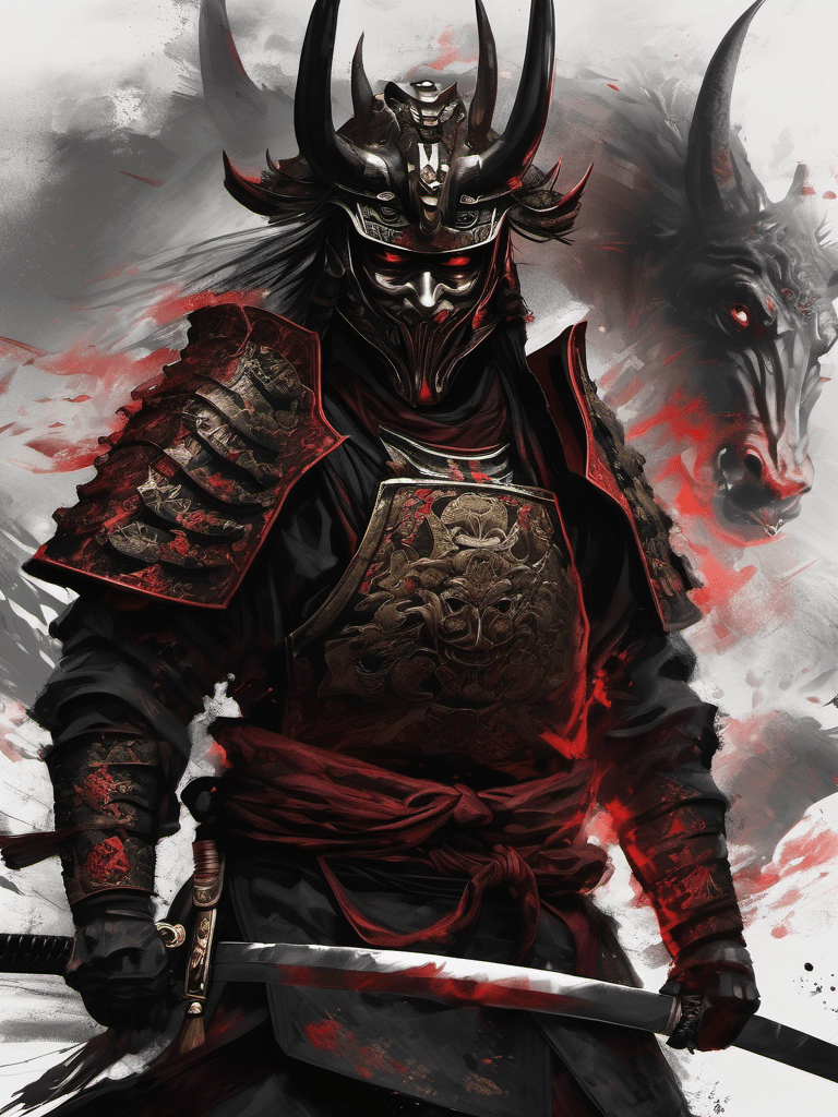 AI generated: unstoppable demonic samurai in full battle gear, hellish, extremely brutal composition, digital pain...