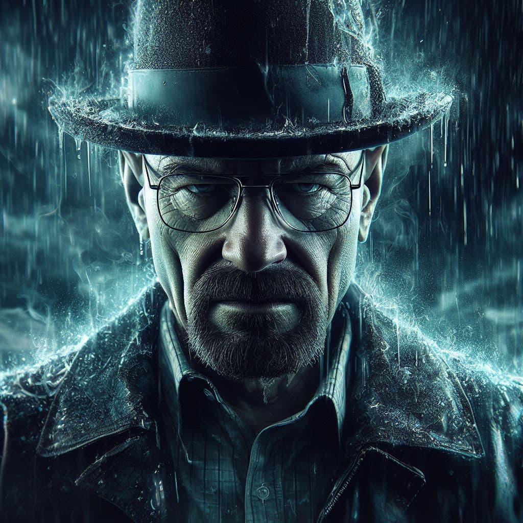 AI generated: Prompt: A 12K hyperrealistic portrait of Walter White as Heisenberg, capturing his mean look, with m...