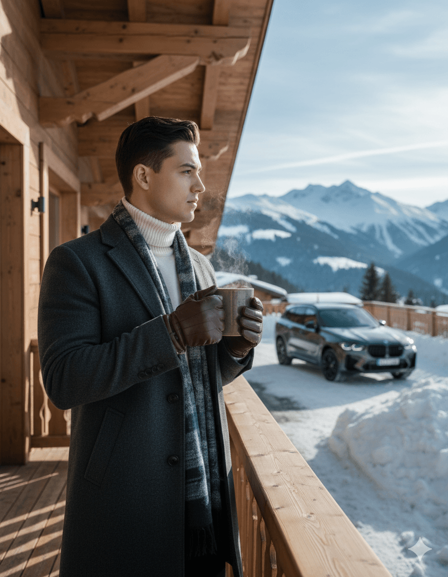AI generated: A hyper detailed cinematic scene featuring use uploaded face 100% as reference as a winter luxury co...