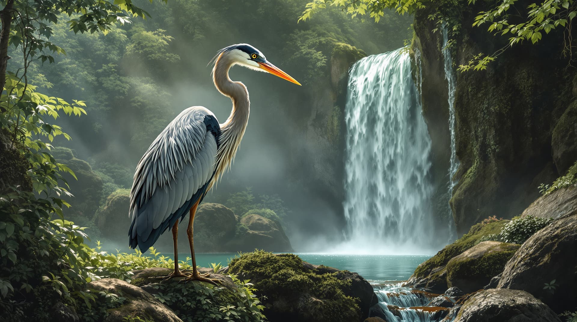 AI generated: A majestic heron stands serenely at the edge of a hidden waterfall, its feathers rendered with incre...