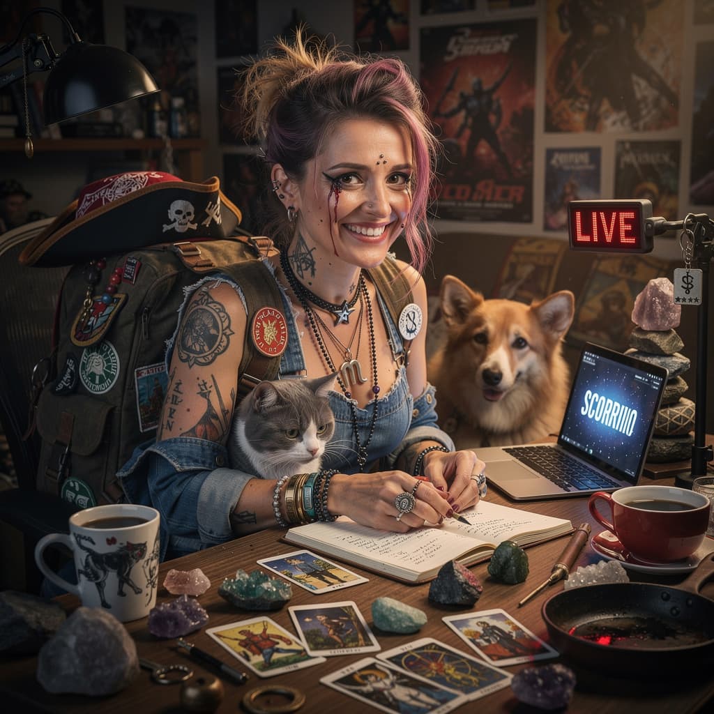 AI generated: A 42  year woman who is a scorpio, mom, freelancer, chaos witch, crafter, streamer, hobo, punk, mess...