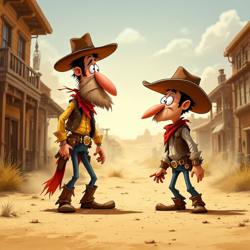 AI generated: Two cartoon cowboys (one tall and serious, one short and silly) facing off in a dusty Wild West town...