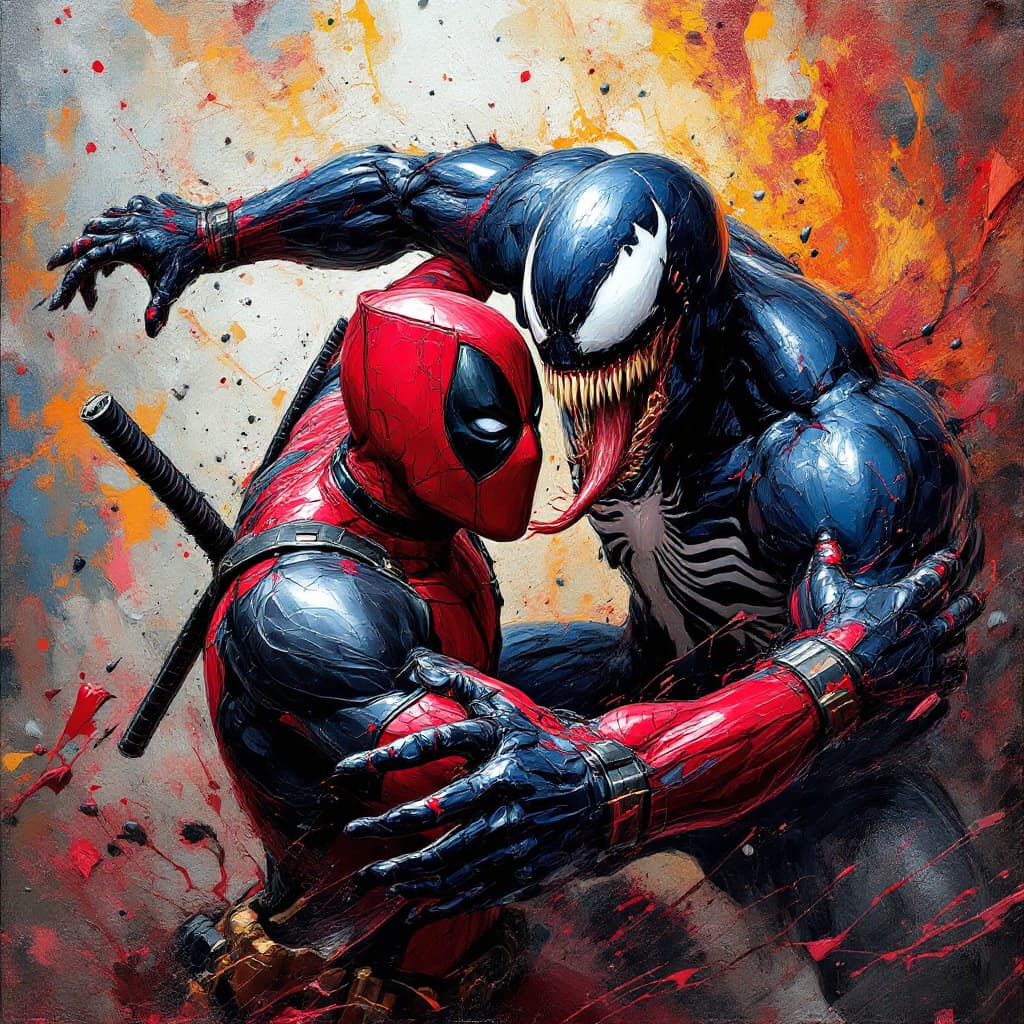 AI generated:  Render a hyper-detailed, dynamic oil impasto painting of  Deadpool locked in combat with Venom,  he...