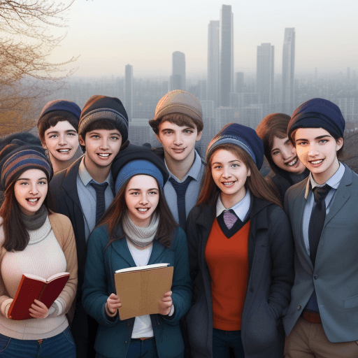 AI generated: group of students at age between 20 and 30, 4 women, 7 men, happy environment, some of them are wear...