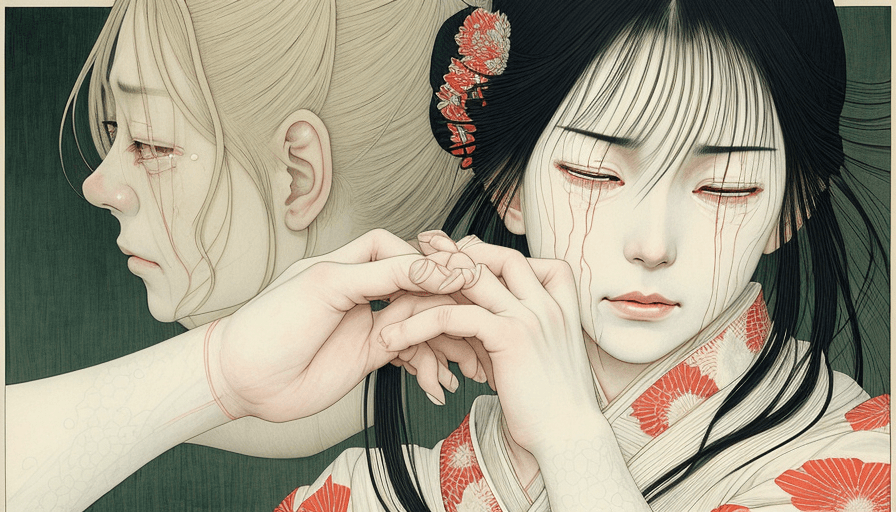 AI generated: Woman crying, artwork by Takato Yamamoto and Chika Yamada, very detailed, realistic, realistic hands...