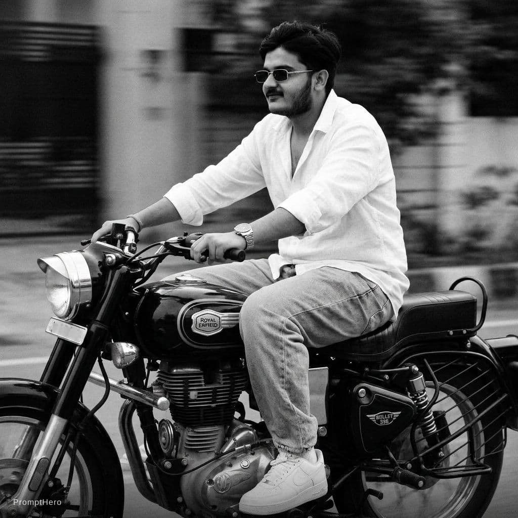AI generated: Turn this photo into A slim-fi
5'9young man riding his black
Roval
Enfield Bullet 350, glancing
conf...