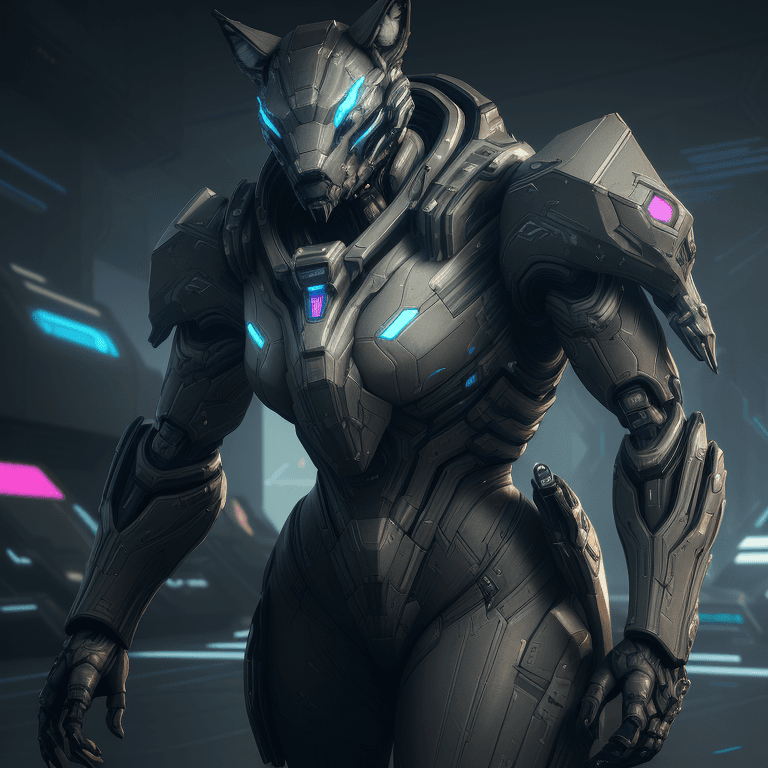 AI generated: dreamlikeart, 3d render of futuristic military cyborg, cyberpunk, wolf, warframe, stealth, armored, ...
