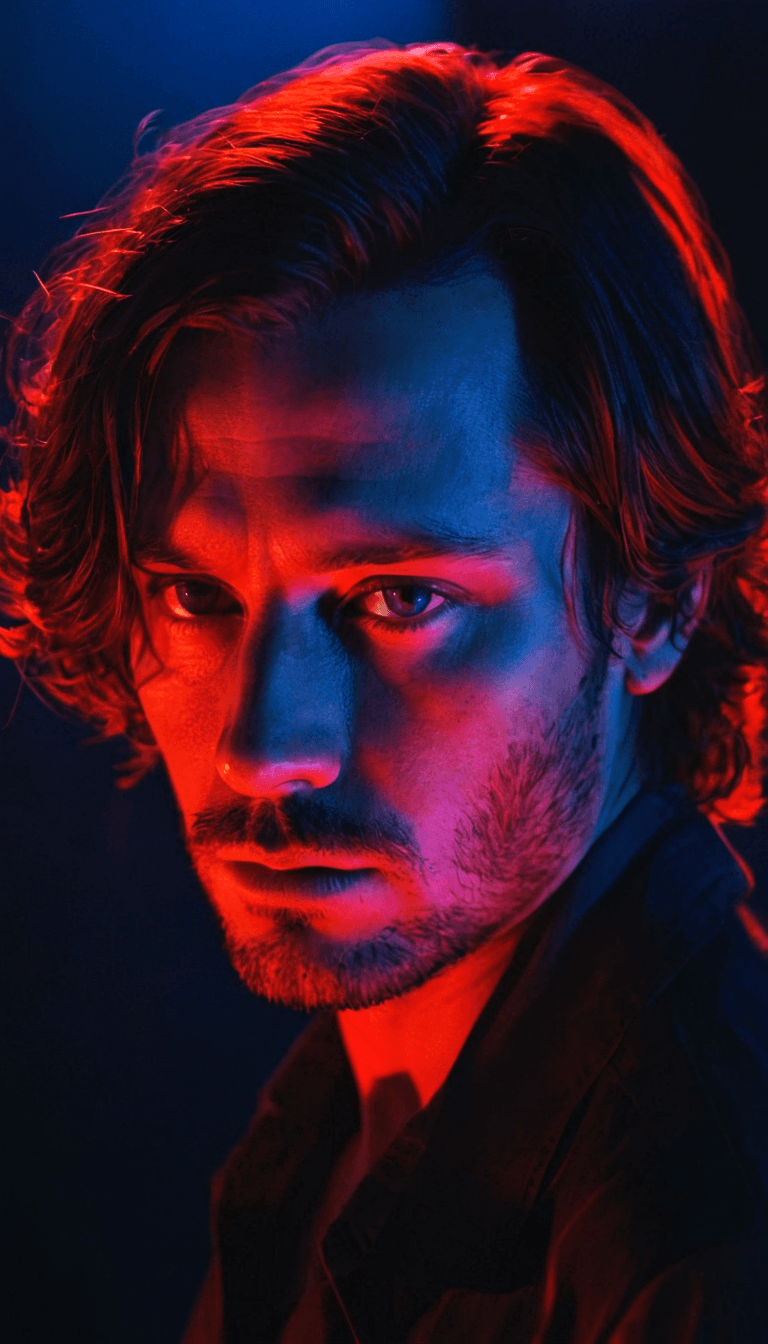 AI generated: fashion editorial, a portrait of young man is studio red and blue lights in style Alain Laboile, hig...