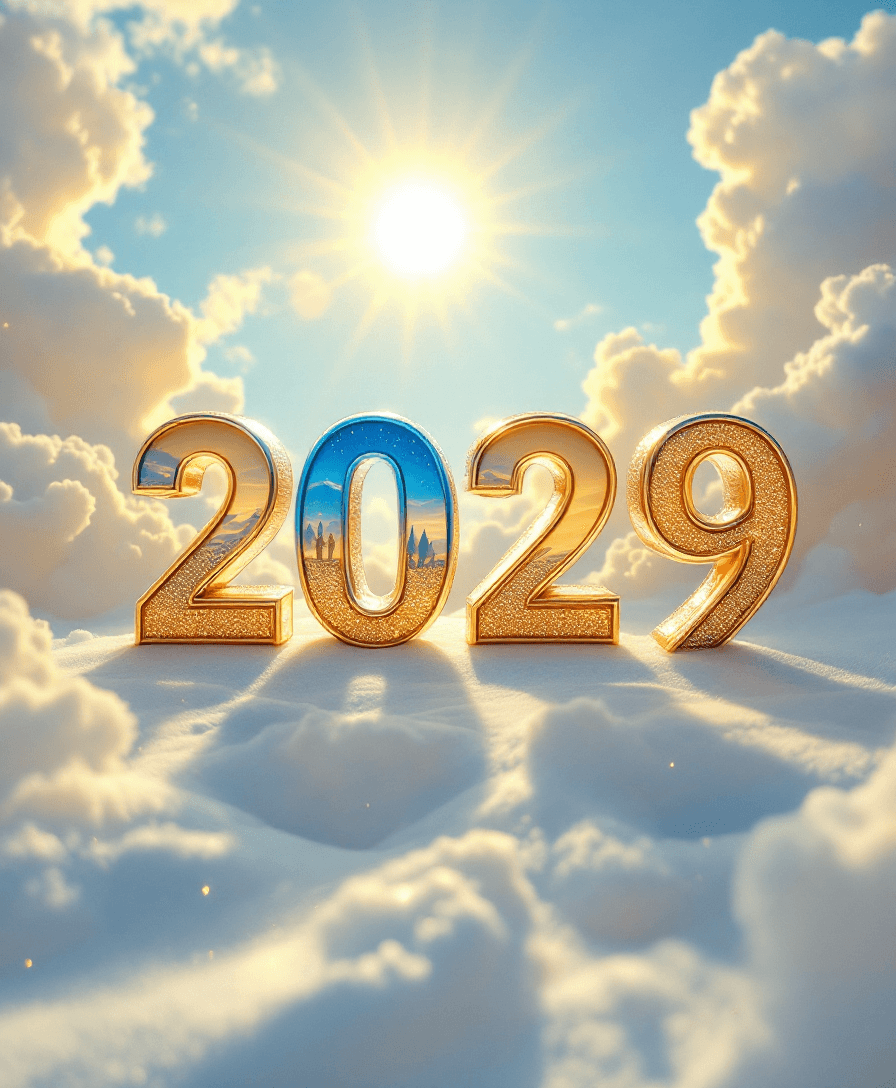 AI generated: The date in a beautiful font, against a sunny sky and sun,

