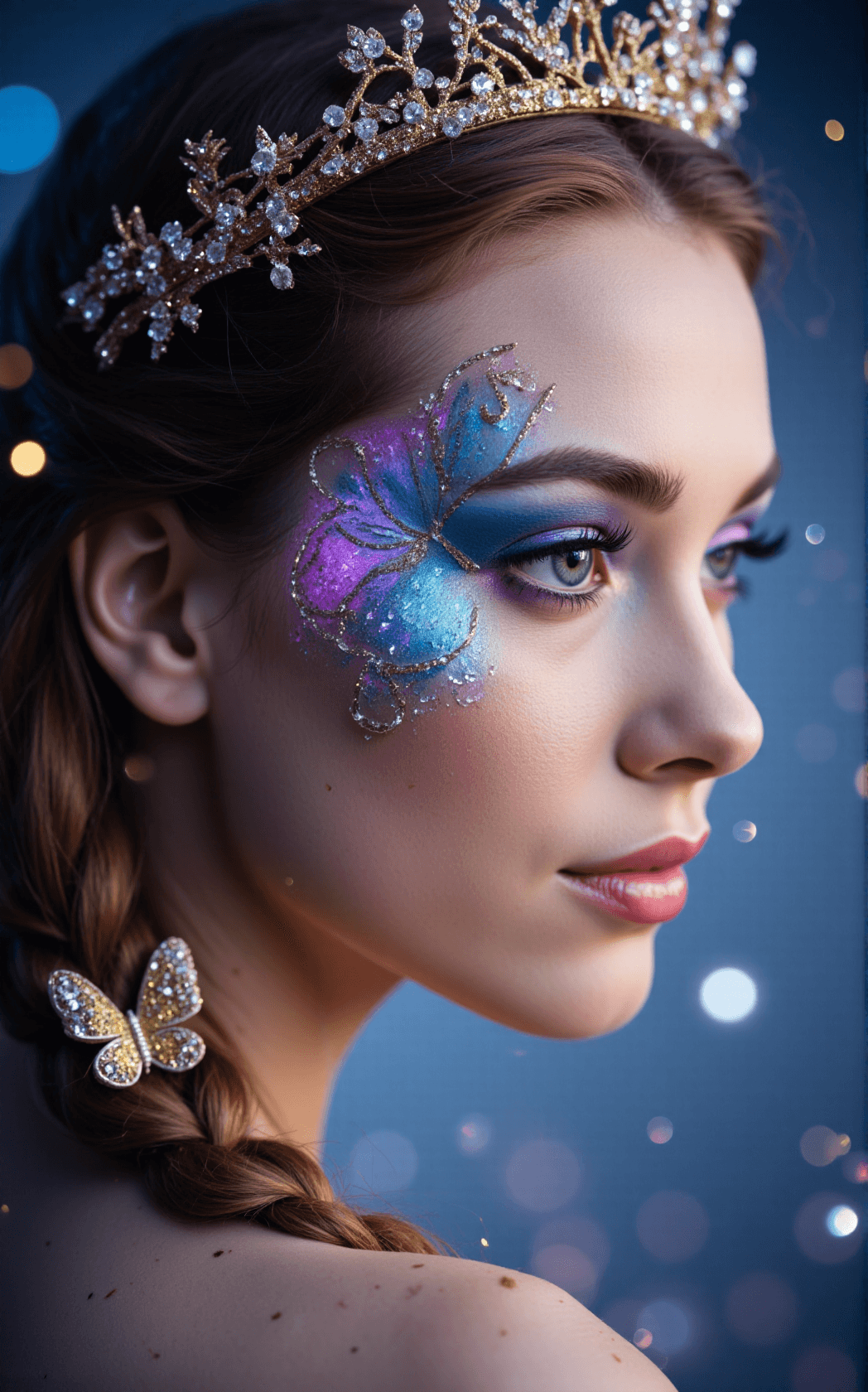 AI generated: A breathtaking close-up portrait of a woman’s face, her skin adorned with intricate butterfly face p...