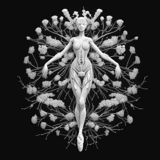 AI generated: 3d woman in flowers and bees with human and flower shaped branches, in the style of medical imaging ...