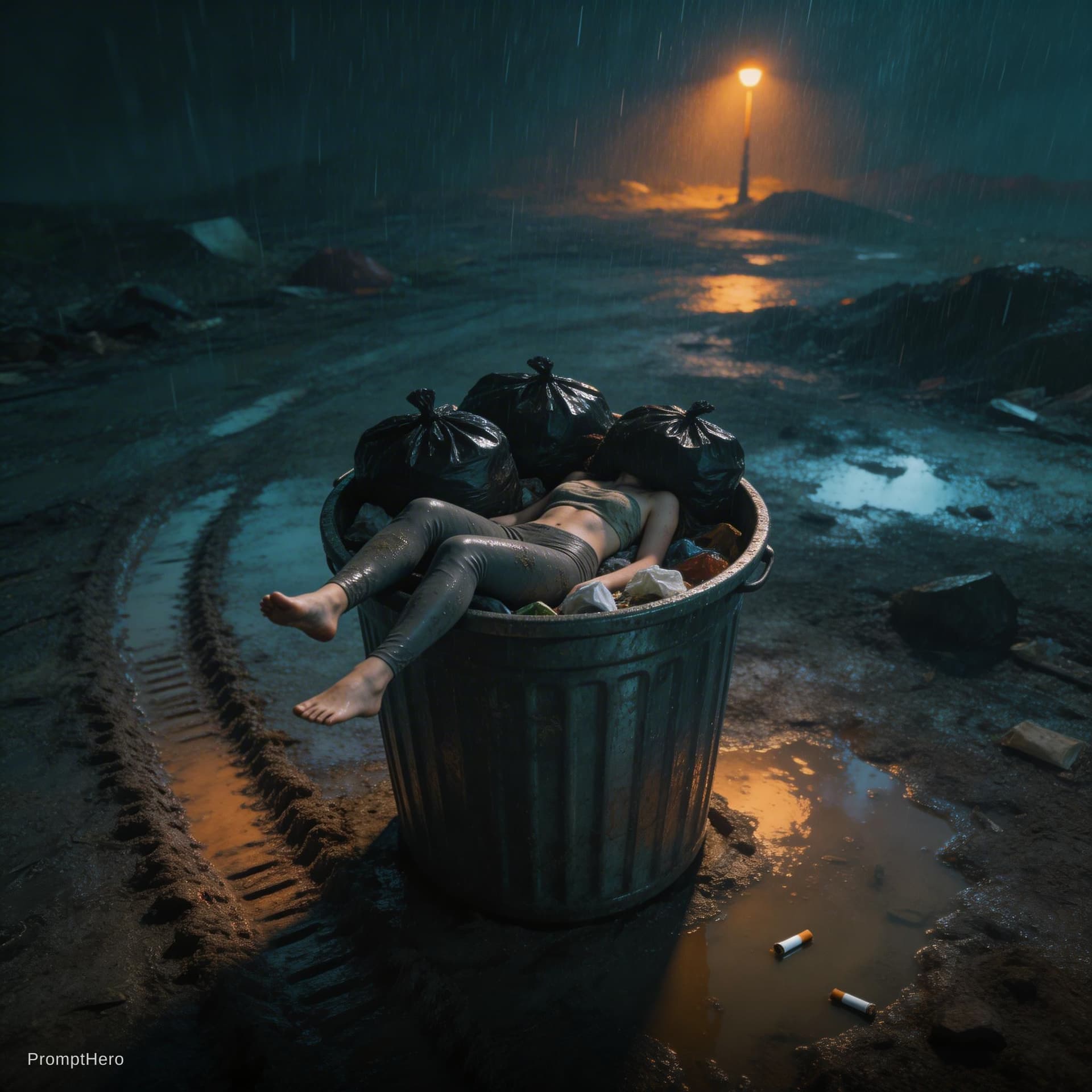 AI generated: A scene from a neo-noir horror crime thriller set in a landfill in a small provincial town in South ...