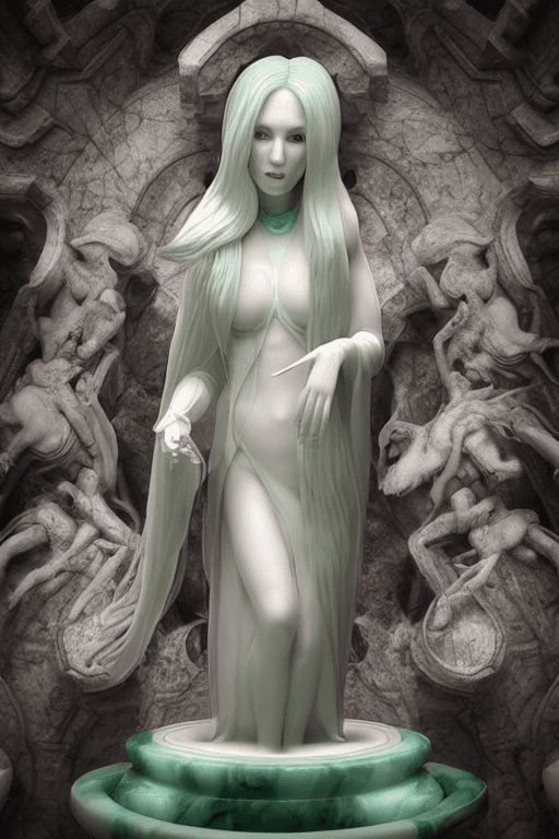 AI generated: highly detailed marble and jade sculpture of a female necromancer, volumetric fog, Hyperrealism, bre...