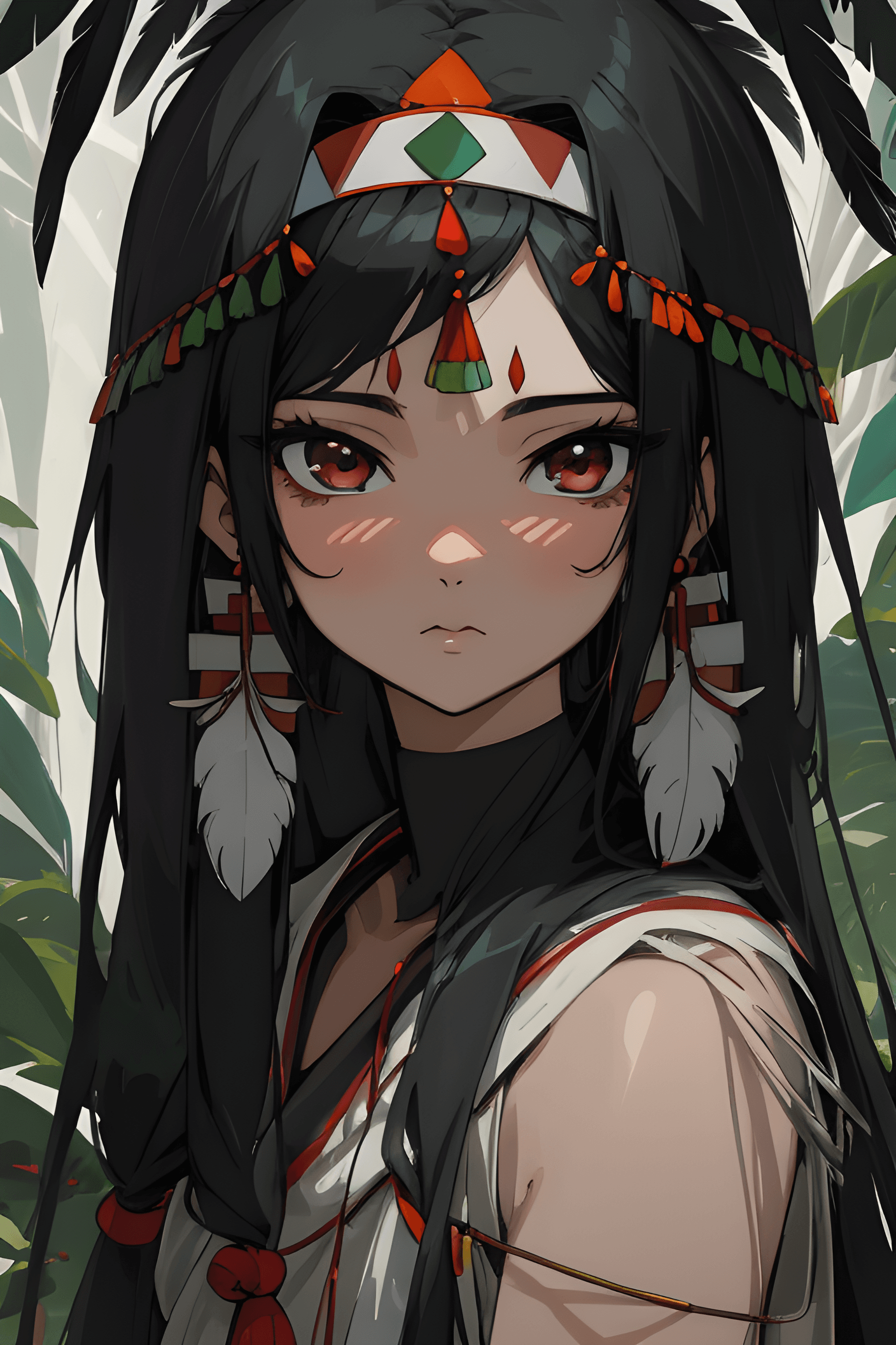 AI generated: a woman with long black hair wearing an indian headdress, by Kamagurka, pixiv contest winner, close ...