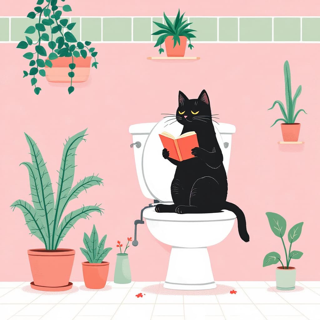 AI generated: A black cat sits on the open toilet seat, reading a book. The walls are pink, and the tiles are gree...