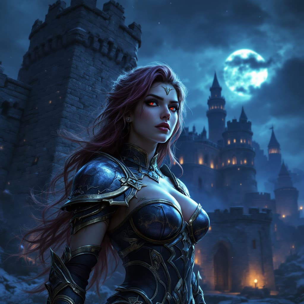 AI generated: castle wall background night, league of legend character based Leona full body, ultra realistic, no ...