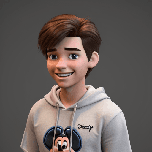AI generated: Create a 3D Disney/Pixar-style character of a teen boy with medium-length, messy brown hair. He is w...