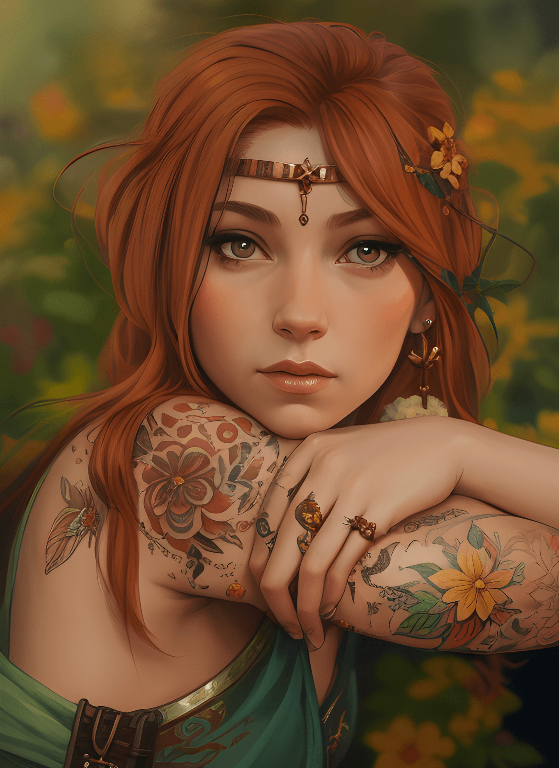 AI generated: a painting of a woman with tattoos on her arm, a digital painting, inspired by Magali Villeneuve, fl...