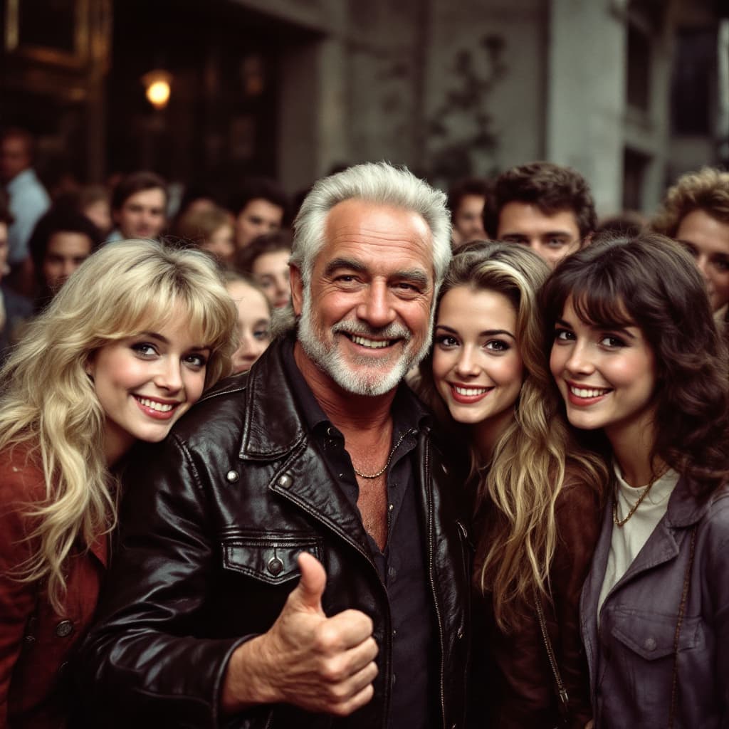 AI generated: the fonz ( henry wrinkler ) posing with some girls, with his thumb up and wearing his leather jacket...
