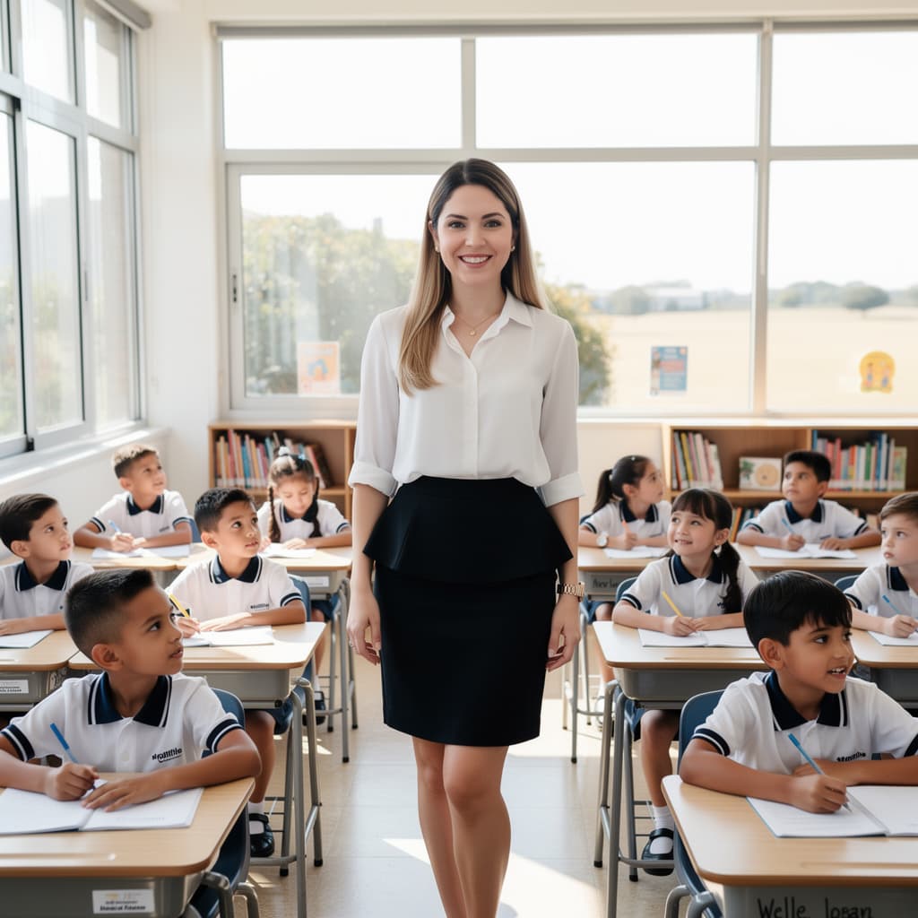AI generated: Una vista panorámica de un aula, una hermosa maestra con una clase de niños pequeños, blusa blanca, ...