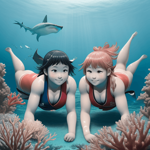 AI generated: Two girls dressed in judo , swimming in a coral reef with a peaceful and big and happy shark. Manga ...