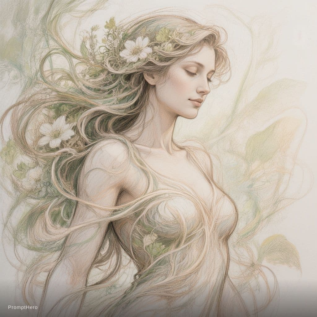 AI generated: Create a beautiful, intricate drawing of a woman in a nature-inspired, art nouveau style. The figure...