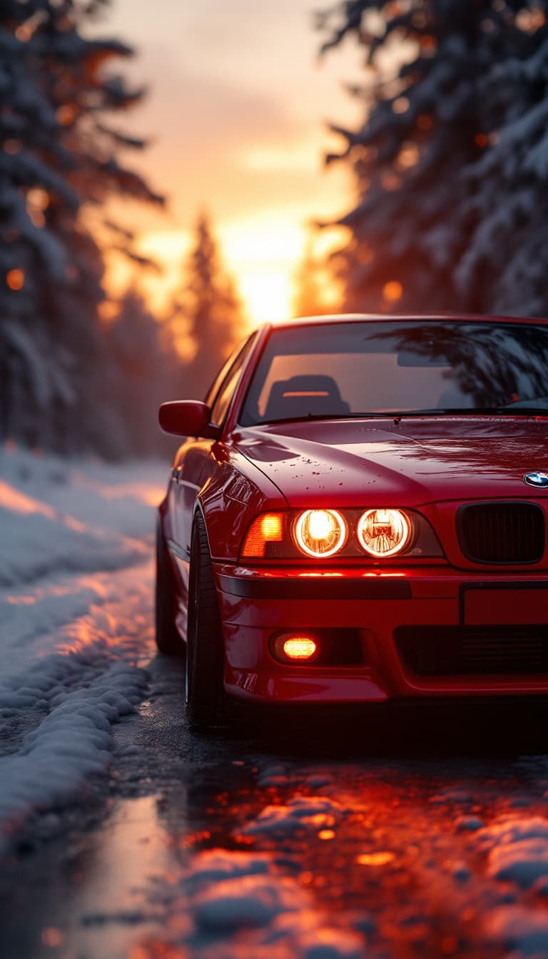 AI generated: Photo of a ultra realistic wine red bmw e39 m5, bmw angel eyes, halogen fog lights, dramatic light, ...