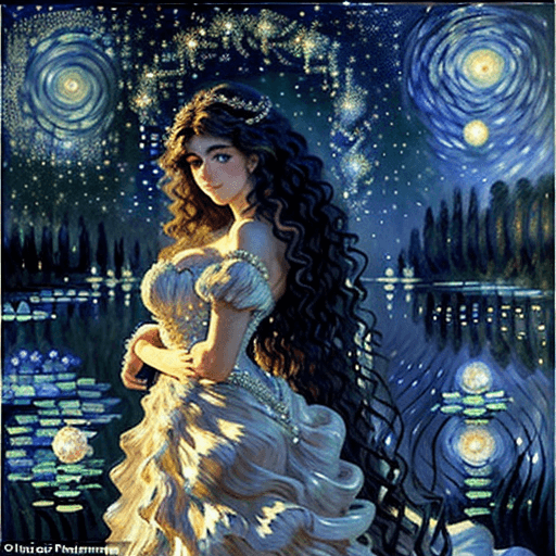 AI generated: Imagine a Claude Monet-style painting depicting an enchanting night scene. In the center of the comp...