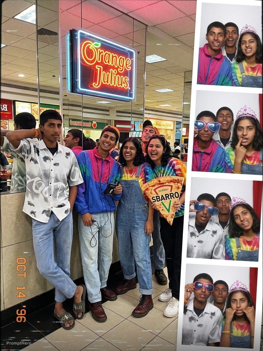 AI generated: Kooky portraits of 90’s mall teens in retro clothing, shot on VHS
