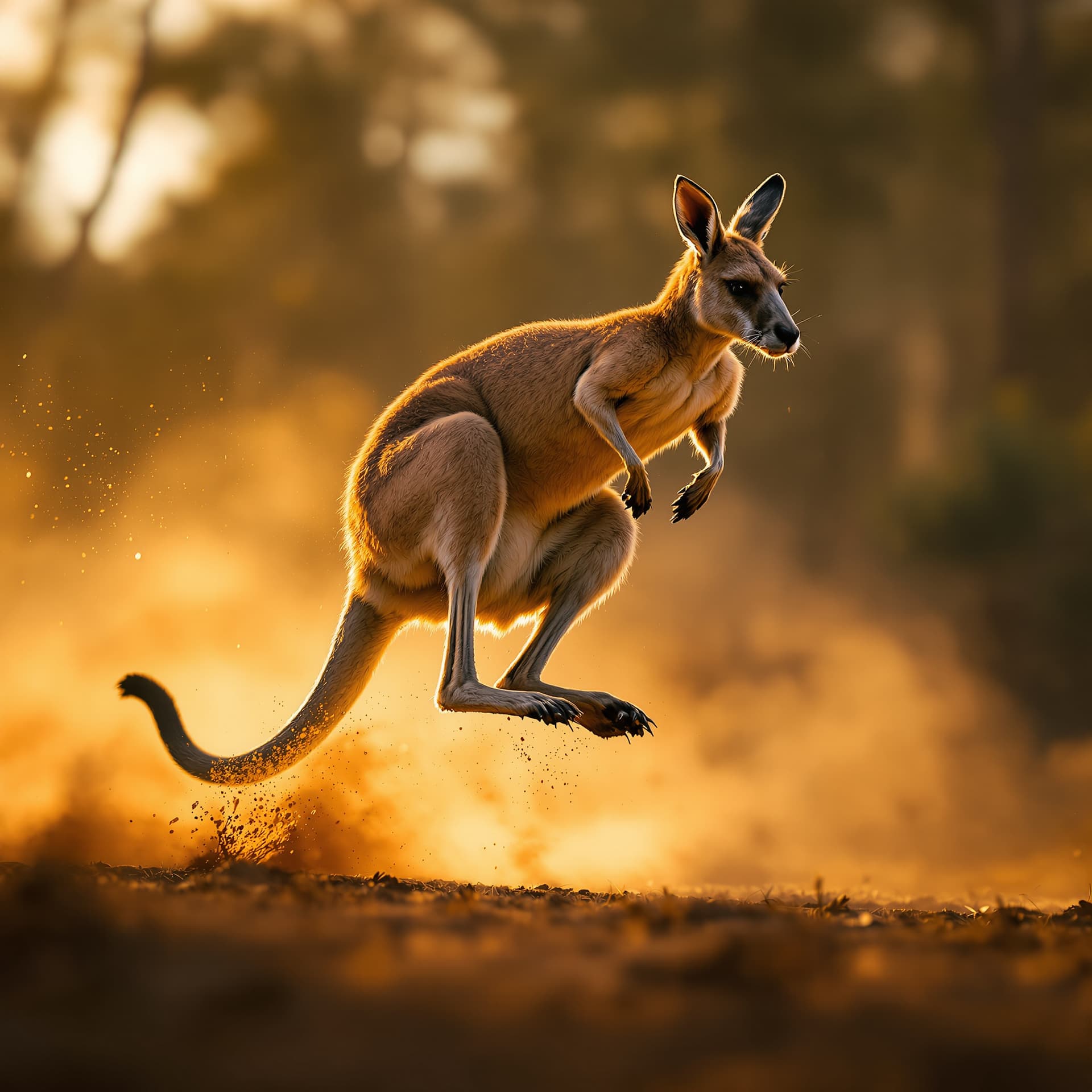 AI generated: A breathtaking dynamic photograph of a kangaroo in mid-jump across the Australian outback, muscles c...