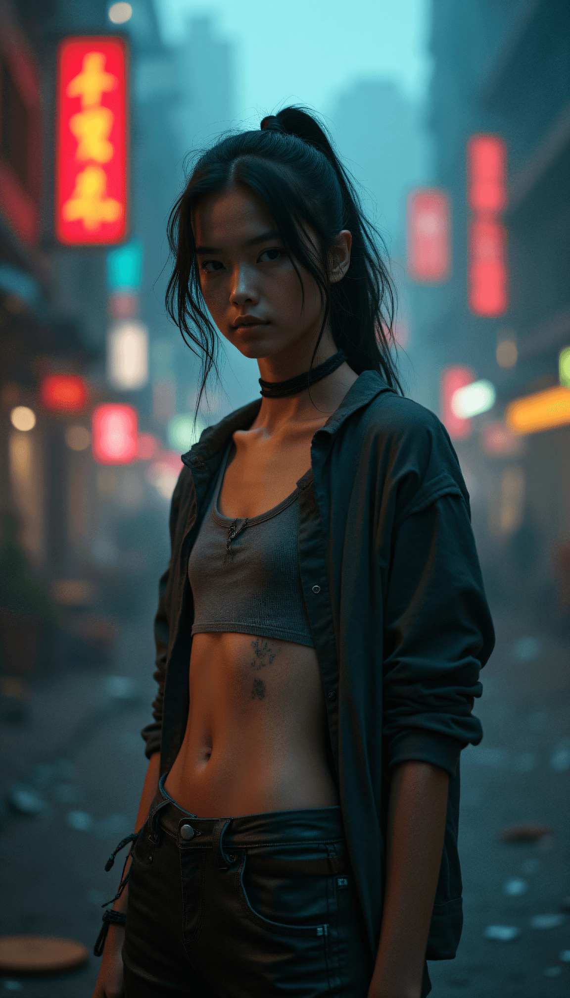 AI generated: Half body portrait of a young woman with tattered clothing wit a clearly visible flat, toned belly a...