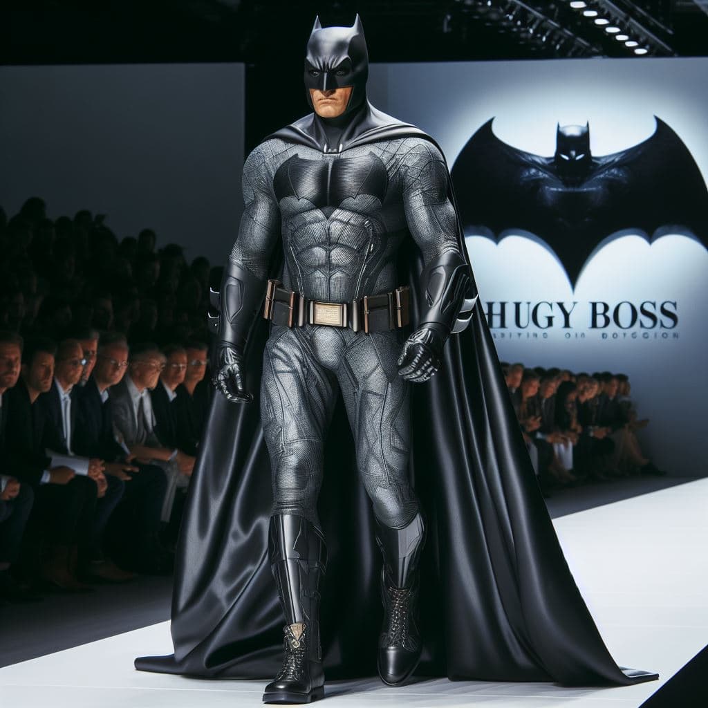 AI generated: A fashionable batsuit for Batman in the style of Hugo Boss. Present it on a fashion show runway. Act...