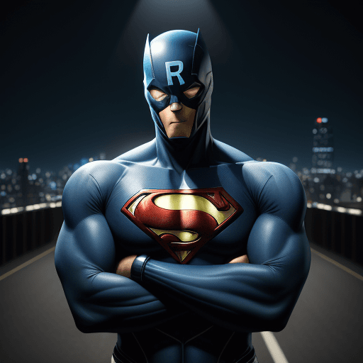 AI generated: superhero named "Ubiquitous" blue suit with a white letter U on the chest, arms crossed, superhero f...