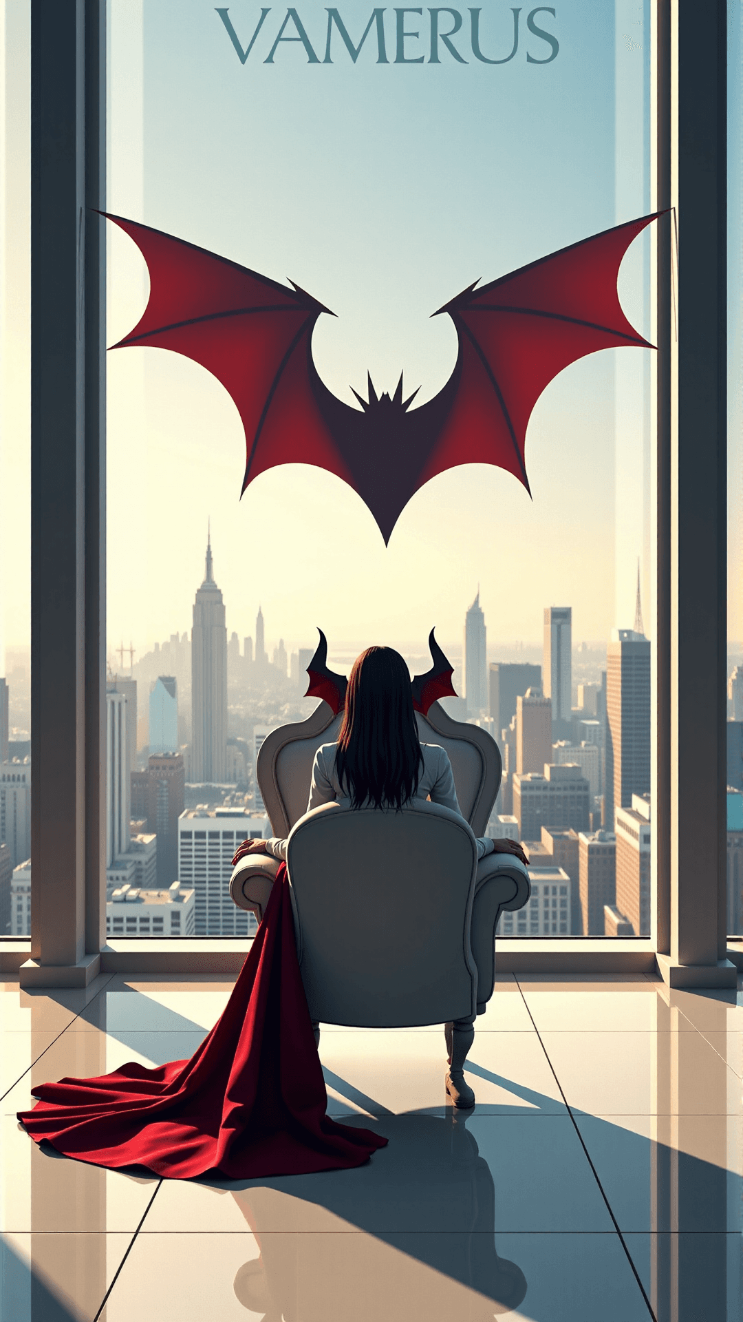 AI generated: Realistic photo of a powerful female vampire sitting on a modern throne-like chair in a minimalist p...