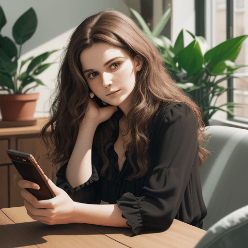 AI generated: Indoor portrait of a woman with wavy brown hair, holding a smartphone, black blouse, devices on tabl...